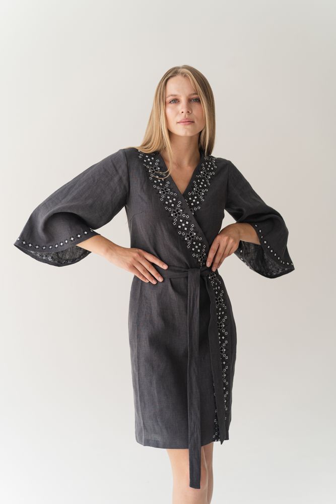 Gray linen wrap dress